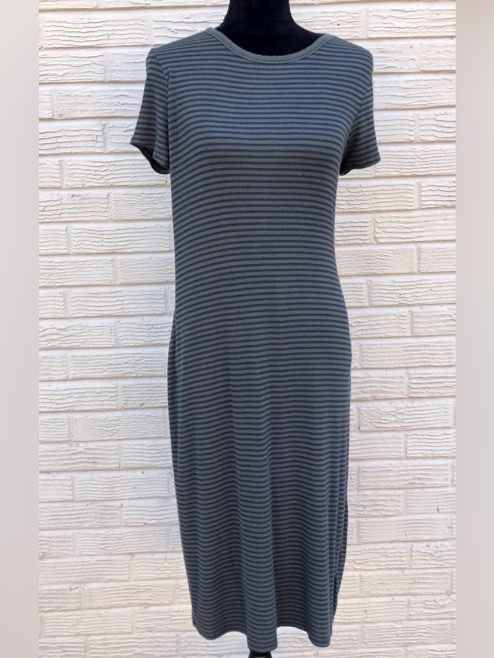 Gap Army Green & Navy Striped Short Sleeve Cotton Blend Fitted Pullover Dress M